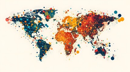Global Connection: A vibrant and colorful illustration of the world map, rendered in an abstract splatter paint style. The bold hues and dynamic shapes evoke a sense of connection and unity.