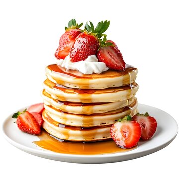 recommend clip art: Pancake with cream, syrup and strawberry topping. Isolated on white backgrounds