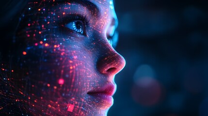 Neon Dreams: A young woman gazes upwards, her face bathed in the ethereal glow of neon lights, creating a mesmerizing and futuristic portrait of modern beauty.