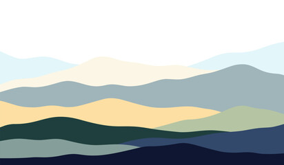 Landscape, panoramic view of mountains, hills in calm shades, hand-painted, graphic illustration. Modern abstract background with space for text. Element, background for a poster, banner, cover