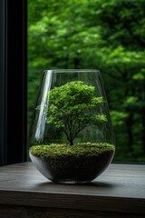 Small tree in a glass terrarium on a table.