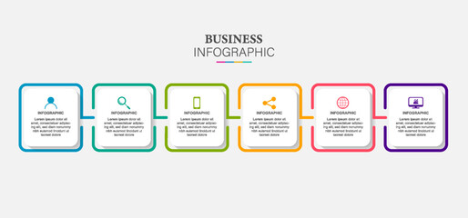 Line flow infographic. 6 steps square timeline milestone graphic, presentation banner concept. 