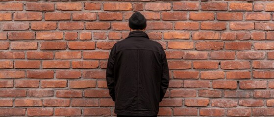 A person stands in front of a brick wall.