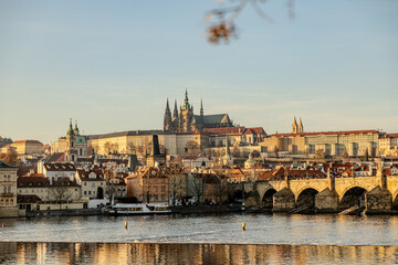 Charles Bridge, Prague Castle and cityscape at sunset, Prague, Czech Republic