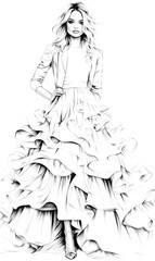 Fototapeta premium A woman in a white dress is standing in front of a white background. She is wearing high heels and a jacket. The dress is long and has ruffles, giving it a formal and elegant appearance