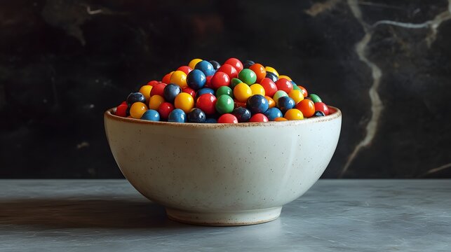 Colorful Candy in Bowl: A light grey bowl overflows with vibrant, colorful candy spheres, creating a cheerful and appetizing still life against a dark, marble-like background.