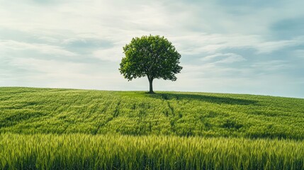 Lone tree on green field, cloudy sky, nature landscape, environmental poster