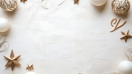 Festive White Background with Gold Stars and Ornaments