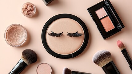 False eyelashes, lipstick, compact powder, brush, and contouring palette arranged in a circle on a pastel beige background.