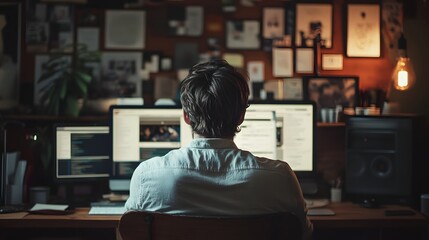 Focused Concentration: A young man sits hunched over his computer in a dimly lit room, his back turned to the camera, immersed in his work. Surrounded by inspiration and a cozy work space.