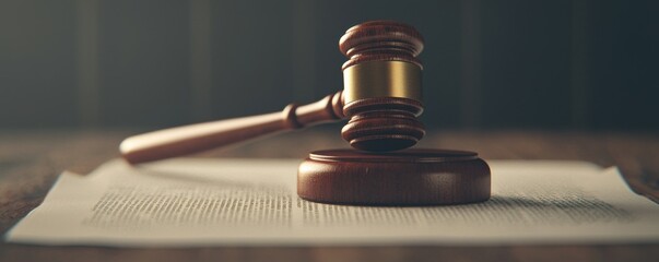 A wooden gavel resting on legal documents in a court setting.