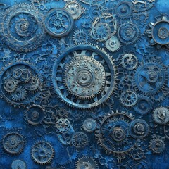 Blue metallic gears, textured background, intricate clockwork, industrial design