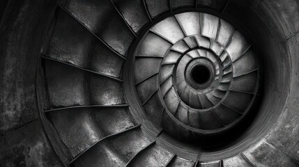 Hypnotic monochrome spiral staircase descending into darkness vision