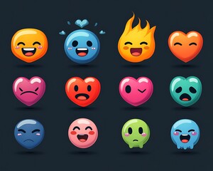 Colorful digital cartoon emoticons, various expressions, dark background