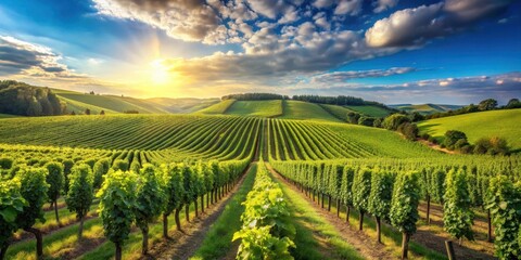 Fototapeta premium Rolling hills of a picturesque vineyard with rows of lush green grapes and vines stretching towards the sky amidst clear blue summer skies, summer harvest, agriculture fields