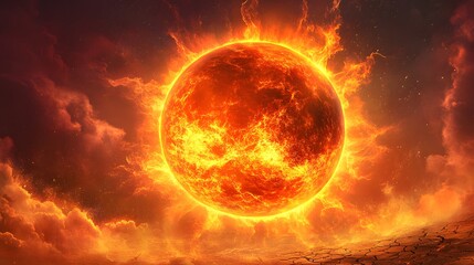 Fiery Celestial Body: A breathtaking illustration of a fiery sun, radiating intense heat and light, dominates the scene.  Surrounding clouds of fiery orange and red smoke enhance the dramatic effect.