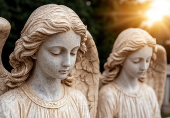 Obraz premium Two angel statues in a garden with sunlight.