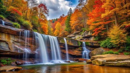 A colorful autumn waterfall cascading down a rocky slope in Red River Gorge, with vibrant hues of orange and yellow surrounding the water's edge , vibrant hues, red river gorge