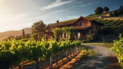 Idyllic Vineyard Estate: Rolling Hills and Rustic Charm at Golden Hour