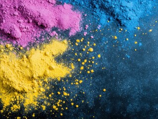 A vibrant arrangement of colored powders in pink, yellow, and blue, creating an artistic and visually appealing display against a dark background.