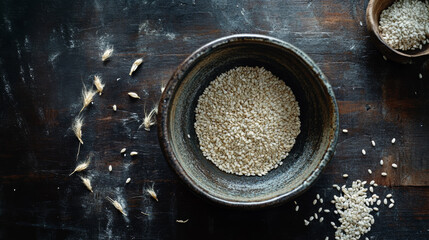 Rustic ceramic bowl filled with sesame seeds on wooden table, surrounded by scattered seeds and natural elements, creating warm and inviting atmosphere