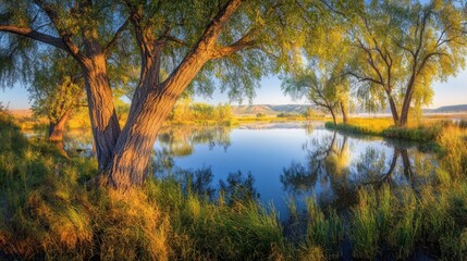 Obraz premium Tranquil Lakeside Scenery: Trees Reflecting in Calm Water at Sunrise