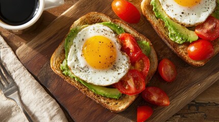 A delicious breakfast featuring toasted bread topped with avocado, tomatoes, and a perfectly cooked fried egg.