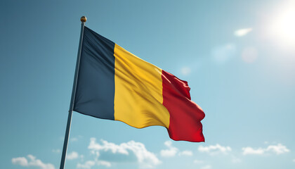 Romania flag waving proudly in a clear blue sky