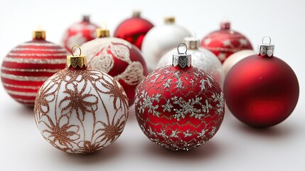 Red and white Christmas ornaments with a gold flower pattern and silver sequins are arranged on a white background.