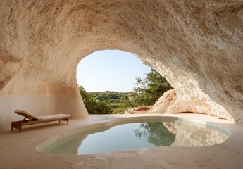 Luxurious cave pool with a view of the landscape.
