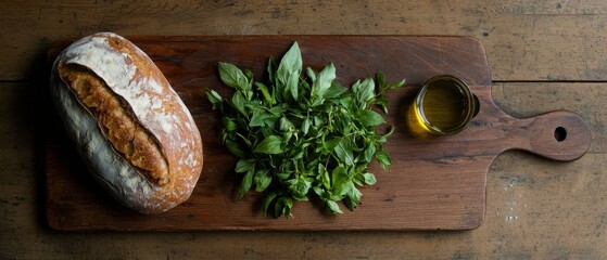 A rustic wooden board displays a loaf of bread, fresh herbs, and a small bowl of olive oil, creating a simple yet appetizing culinary scene.