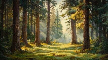 Fototapeta premium Sunlit Forest Path: A Serene Painting of a Mystical Woodland