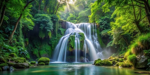 waterfall cascading through lush green forest scenery, natural wonder, foliage