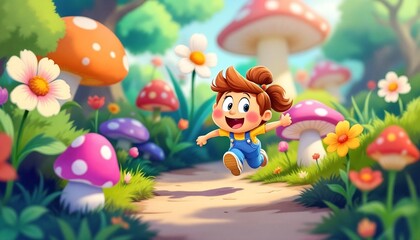 Obraz premium A Little Girl's Joyful Adventure in a Magical Mushroom Forest