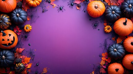 This creative Halloween vertical background featuring small pumpkins, spider webs, and bones on a vibrant orange and purple surface is perfect for seasonal greeting cards and promotional designs.