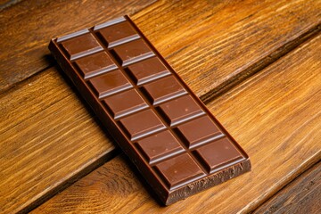 A delicious chocolate bar rests on a rustic wooden surface, showcasing its rich texture and classic segmented design.