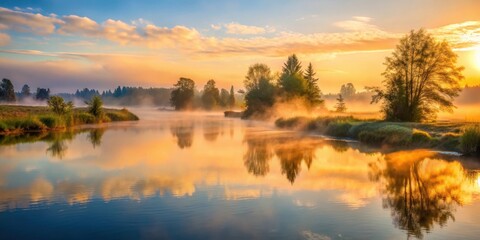 Obraz premium Early morning mist rising from the tranquil waters of the Snohomish River Delta as the warm sunrise lights up the surrounding landscape in Everett WA, snohomish river delta, outdoors