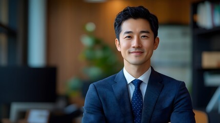 Fototapeta premium Confident Businessman Portrait: A portrait of a smiling Asian businessman in a sharp navy blue suit, exuding confidence and professionalism in a modern office setting. 
