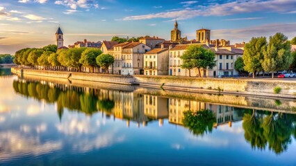 Naklejka premium Detailed description of Picturesque view of quays along Rh?ne River in Arles, France , water reflections , picturesque riverbank scenery