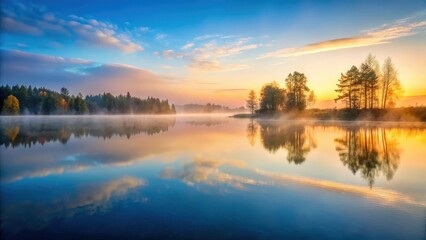 Fototapeta premium A serene lake at dawn with mist rising from the water's surface, calmness, energy, calmness, energy