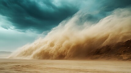 Desert Sandstorm: A dramatic, awe-inspiring image of a massive sandstorm sweeping across a desert landscape under a stormy sky. The sand billows like a wave.
