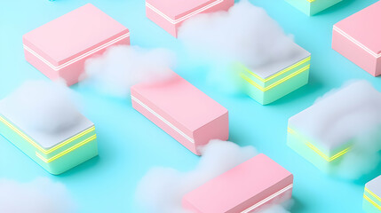 Pastel blocks float on clouds; abstract design