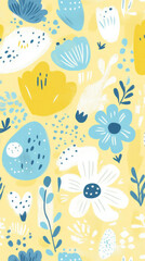 Colorful floral pattern with blue and yellow flowers on yellow background