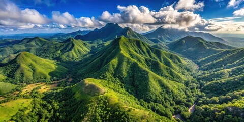 Obraz premium Breathtaking Aerial View of Pico Duarte and Dominican Wilderness, with lush green forests and majestic mountain peaks , naturelandscapes, outdooradventures