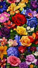 vibrant floral pattern with various colorful flowers