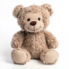Obraz premium A fluffy teddy bear with tiny stitched eyebrows, giving it a curious expression, on isolated white background