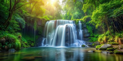 Fototapeta premium waterfall in dense forest, serene atmosphere, peaceful , serene atmosphere, peaceful