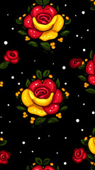 Naklejka premium Seamless floral pattern with vibrant roses on black background