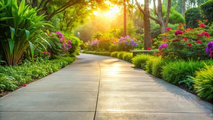 A grey concrete sidewalk with a subtle sheen in the morning light