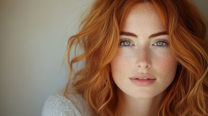 A close-up portrait of a woman with striking red hair, soft freckles, and a serene expression showcases natural beauty, elegance, and individuality.
